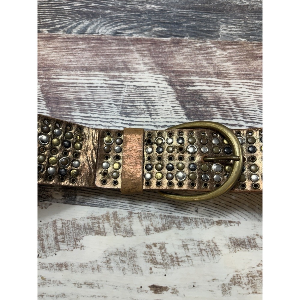 Buckle Studded Leather Belt Bronze Metallic Wide Mixed Metal Studs Size Large